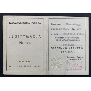 [Wojsko] LEGITYMACJA - SREBRNY KRZYŻ ZASŁUGI. Warszawa [1951]