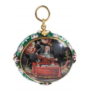 Antique gold enamel medallion with Madonna miniature