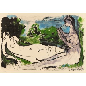 Pablo Picasso (1881 Malaga - 1973 Mougins), Femme nue couchée et joueur de flûte z cyklu La Flute Double, 1967