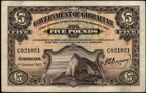 Gibraltar. 5 Pounds 1927