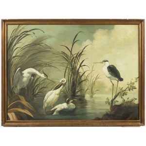 19th century painter. Birds on lake