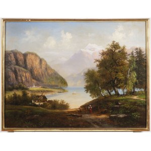 Painter 19th century . Mountain landscape with lake