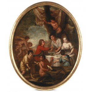 Roman painter , second half of the 17th century Peasant family at a meal, visited by satyrs
