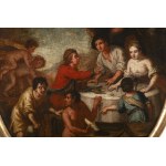 Roman painter , second half of the 17th century Peasant family at a meal, visited by satyrs