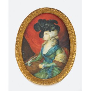 E. HIBLIK, Miniatura: Portret damy w czarnym kapeluszu wg Thomasa Gainsborough, XIX w./XX w.