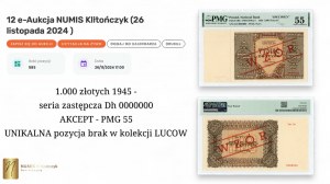 1.000 złotych 1945 - seria zastępcza Dh 0000000 - AKCEPT - PMG 55 - UNIKALNA pozycja brak w kolekcji LUCOW
