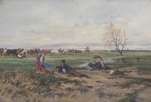 Tadeusz Rybkowski (1848 Kielce - 1926 Lwów), Scena rodzajowa na tle pejzażu