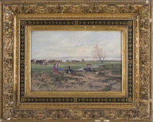 Tadeusz Rybkowski (1848 Kielce - 1926 Lwów), Scena rodzajowa na tle pejzażu