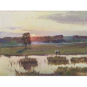 Eligiusz Wacław Baranowski (Nieszawa 1904 - 1997), Paesaggio con cicogne