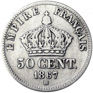 France, Napoleon III, 50 Centimes 1867, BB Strasbourg