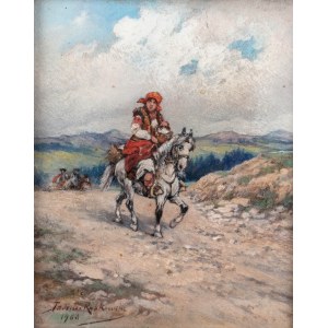 Tadeusz Rybkowski (1848 Kielce - 1926 Lviv), Highlander woman on horseback, 1900.