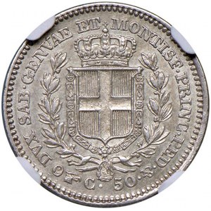 Carlo Albero (1831-1849) 50 Centesimi 1833 Torino - MIR 1050c Gig. 148 Ag RR • In slab NGC MS 62 n. ...