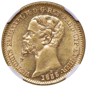 Vittorio Emanuele II (1849-1861) 20 Lire 1855 Torino - MIR 1055l Gig. 10a Au • In slab NGC MS 62 n. ...