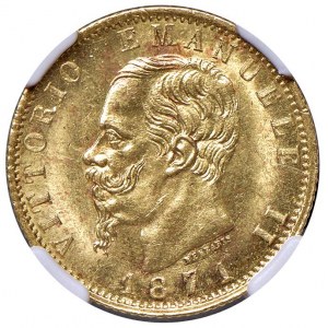 Vittorio Emanuele II (1861-1878) 20 Lire 1871 Roma - MIR 1078m Gig. 16 Au R • In slab NGC MS 64 n. 6...
