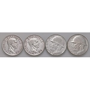 Savoia - Vittorio Emanuele III. Insieme di 4 monete da 20 Lire, 1927 e 1928 Littore e 1928 Elmetto.