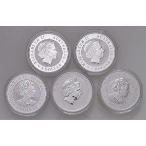 Australia - Insieme di 5 monete da 1 Dollar 2017, 2018, 2019 Wedge Tailed Eagle, 2019 Emu, 2018 Tige...