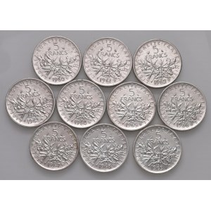 Francia - Insieme di 10 monete da 5 Franchi, 1960,1961, 1962, 1963, 1964, 1965, 1966, 1967, 1968, 19...