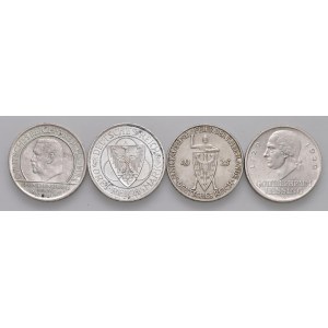 Germania - Repubblica di Weimar. Insieme di 4 monete da 3 Marchi, 1925 D, 1929 A, 1929 F, 1930 A.