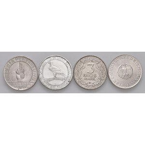 Germania - Repubblica di Weimar. Insieme di 4 monete da 3 Marchi, 1925 D, 1929 A, 1929 F, 1930 A.