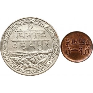 India Bengala britannico 1 Pie ND (1831-1835) e Mewar 1 Rupia 1985 (1928) Lotto di 2 monete