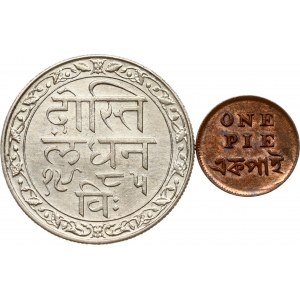 India Bengala britannico 1 Pie ND (1831-1835) e Mewar 1 Rupia 1985 (1928) Lotto di 2 monete