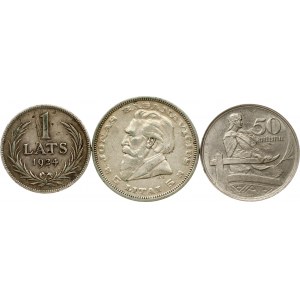Lithuania 5 Litai 1936 Jonas Basanavicius & Latvia 50 Santimu 1922 & 1 Lats 1924 Lot of 3 coins