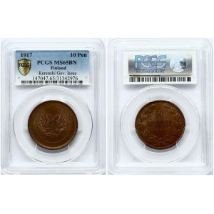 Russia For Finland 10 Pennia 1917 PCGS MS 65 BN