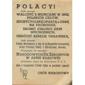 [Obóz Narodowy] Polacy! Jeśli chcecie walczyć z Niemcami w imię polskich celów, zdobyć Polskę opartą o Odrę na zachodzie, bronić całości ziem wschodnich, ukrócić rebelię ukraińską (...]) [194.]