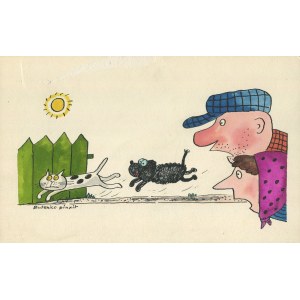 [grafika] BUTENKO Bohdan - Pies z kotem [oryginalna ilustracja z czasopisma Miś]