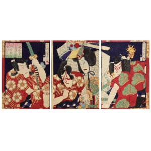MORIKAWA CHIKASHIGE (aktívny asi 1865-1890), Scéna z predstavenia kabuki - triptych