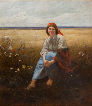 Antoni Piotrowski (1853 Nietulisko Duże k. Kunowa - 1924 Warszawa), Żniwiarka na tle łanu zboża, 1919