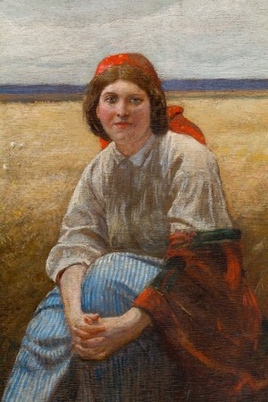 Antoni Piotrowski (1853 Nietulisko Duże k. Kunowa - 1924 Warszawa), Żniwiarka na tle łanu zboża, 1919