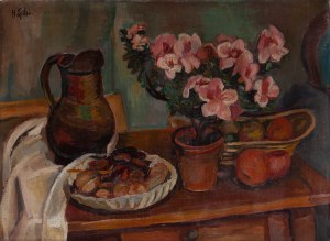 Henryk Epstein (1891 Łódź - 1944 obóz koncentracyjny, prawdopodobnie Auschwitz), Martwa natura z kwiatami, owocami i dzbankiem, lata 20. XX w.