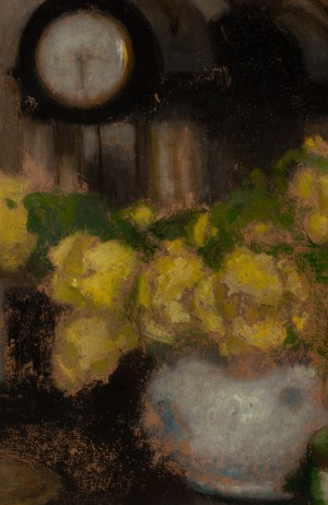 Alfons Karpiński (1875 Rozwadów k. Tarnobrzegu - 1961 Kraków), Martwa natura z żółtymi różami i zegarem