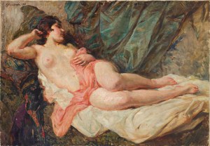 Stanisław Zawadzki (1878 Warszawa - 1960 Warszawa), Akt leżący z różową draperią, 1933