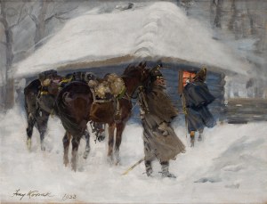 Jerzy Kossak (1886 Kraków - 1955 Kraków), Żołnierze przed chatą, 1933