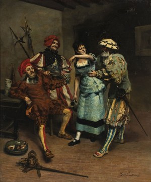 Zygmunt Sokołowski (1859 - 1888), Halabardnicy w gospodzie dokuczający młodej kelnerce, 1878