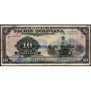 Bolivia. 10 Bolivianos 1911 (1929 Overprint) Series B
