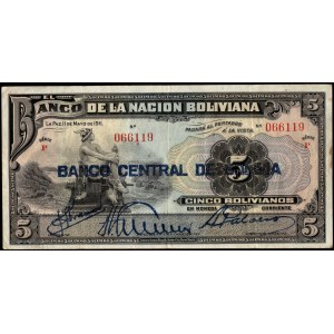 Bolivia. 5 Bolivianos 1911 (1929 Overprint) Series P