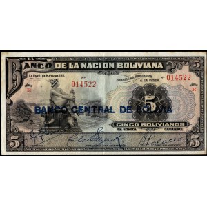 Bolivia. 5 Bolivianos 1911 (1929 Overprint) Series R