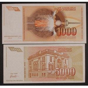 Yugoslavia. 1000 & 5000 Dinara 1990 & 1993