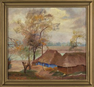 Stanisław PACIOREK, Pejzaż z chałupami nad rzeką