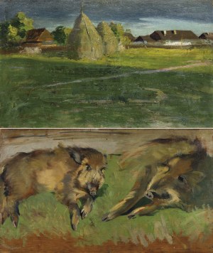 Zygmunt ROZWADOWSKI, Pejzaż wiejski z chatami / Dziki