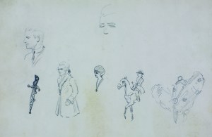 Karol Kossak (1896-1975), Szkice postaci, jeźdźca, głowy konia, sztyletu, 1922