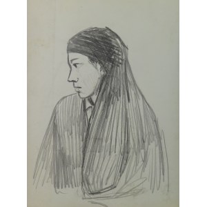 Ludwik Antoni Maciąg (1920-2007), Kobieta w chuście - szkic typu ludowego i kostiumu - z cyklu „Szkice z Albanii”