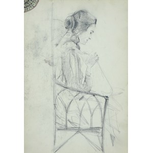 Włodzimierz Tetmajer (1861 - 1923), Młoda kobieta zajęta robótkami, siedząca na krześle z ażurowym oparciem, ujęta z prawego profilu, 1907