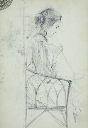Włodzimierz Tetmajer (1861 - 1923), Młoda kobieta zajęta robótkami, siedząca na krześle z ażurowym oparciem, ujęta z prawego profilu, 1907