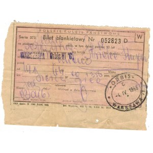Bilet blankietowy P.K.P., ORBIS, W-wa - Strzelce Kujawskie, 1965r.