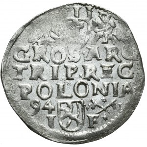 Sigismund III Vasa, trojak 1594, Poznań, elongated face of the king, MDL