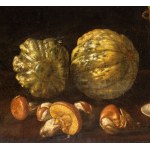 Still life of mushrooms, pumpkin, peaches and grapes in a bowl